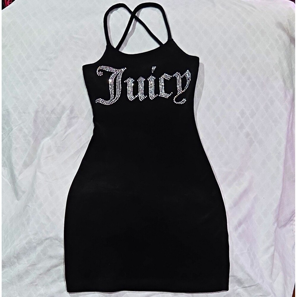 Juicy Couture Velour Rhinestone Big Bling Halter Mini Dress Black XS
